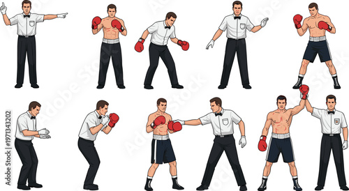 Boxing Match Vector Set with Referees, Male Fighters, Knockout Scenes, Punching Actions, Victory Gestures, and Sports Illustration for Websites, Apps, and Print