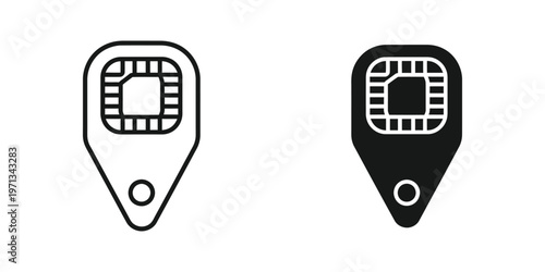 Comparison of a regular and a filled location pin icon with microchip designs
