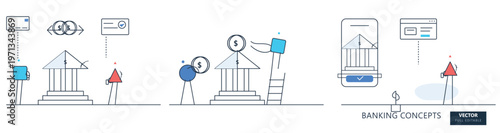 Banking and finance concepts illustration featuring minimalist characters with bank buildings credit cards dollar coins and mobile digital banking security apps.
