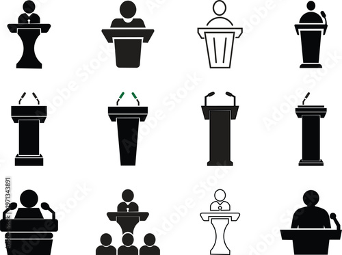 Collection of Podium and Microphone Vector Icons for Public Speaking, Conferences, and Presentations – Professional Speaker Desk and Event Podium Design for Public Speaking Events