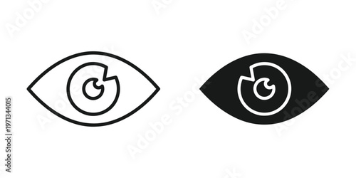 Two contrasting stylized eyes with a central abstract symbol inside each pupil