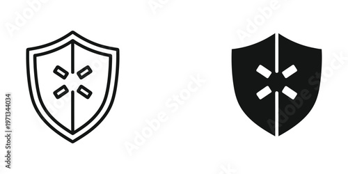 Contrast of medieval shields featuring distinct heraldic symbols in white and black versions