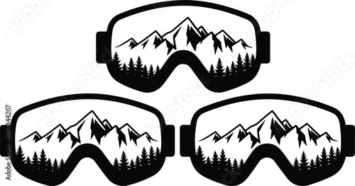 Ski goggles silhouettes set, mountain landscape reflection vector illustration isolated winter sport collection