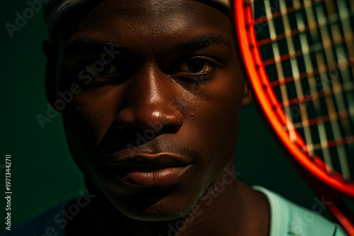 Tennis player in motion swinging racket under dramatic colored lighting. Concept of art photography, visual storytelling, energy flow, and creative composition in movement. Banner