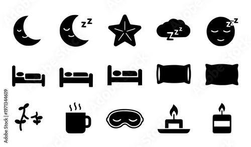 A set of black and white vector icons depicting sleep and relaxation