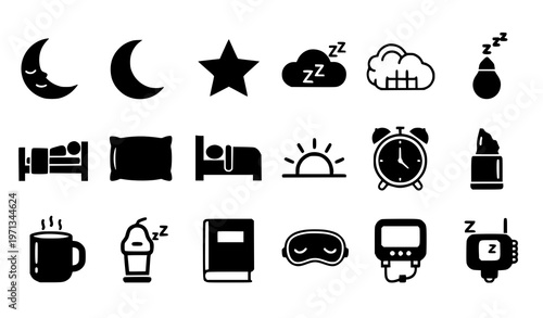 A set of black and white vector icons depicting sleep and wakefulness