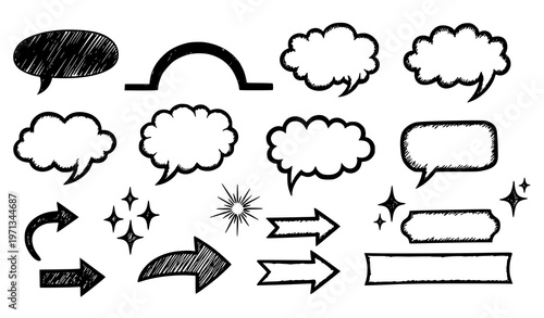 A set of black and white vector graphic speech bubbles and icons