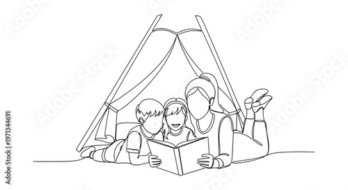 Mother and children reading book while lying in cozy indoor tent