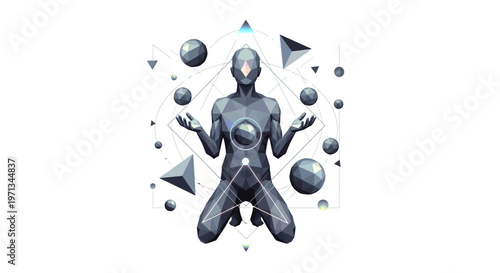 Abstract Geometric Human Figure Meditating with Floating Spheres and Shapes