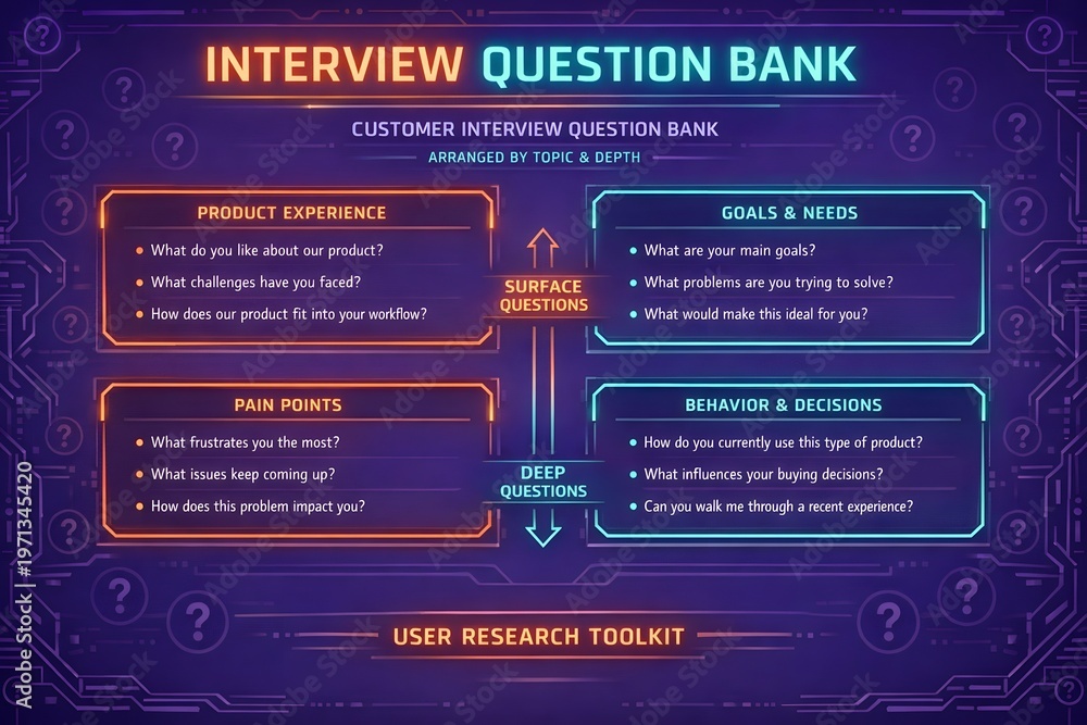 Fototapeta premium Interview Question Bank for Customer Discovery Research and Product Development Strategy