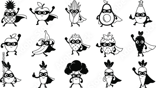 A set of cartoon fruits and vegetables wearing superhero masks and capes in a black and white vector illustration