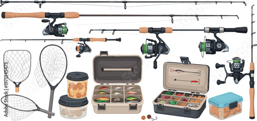Fishing Gear Set with Rods, Reels, Nets, Lures, and Tackle Boxes for Outdoor Sports and Angling Designs