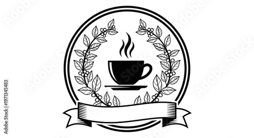 Coffee shop badge with steaming cup of coffee in laurel wreath and banner in bright studio