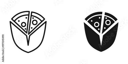Two stylized pizza slice logos in contrasting color schemes