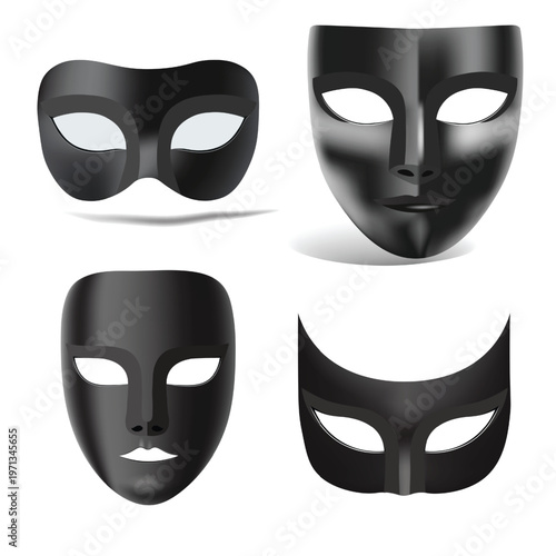 Black theater mask collection, mysterious masquerade face silhouettes, venetian party elements, costume and drama performance icons