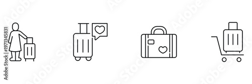 Travel baggage icon set showing passenger and single luggage suitcase with heart speech bubble favorite carry on bag and airport trolley.