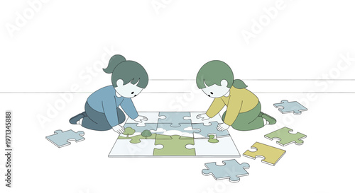 Two young children collaborate on a puzzle, learning and problem-solving together