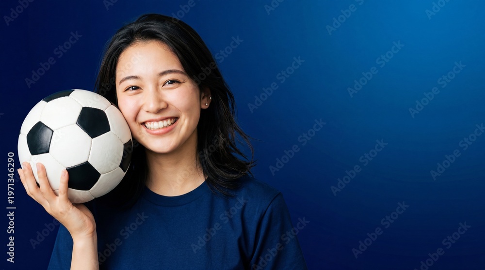 Obraz premium サッカーボールを頬に寄せて笑顔を浮かべている日本人女性