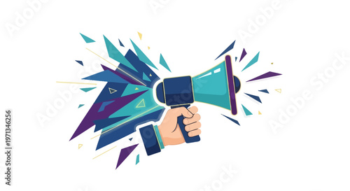 Hand Holding Megaphone Announcing With Colorful Abstract Shapes Bursting Out