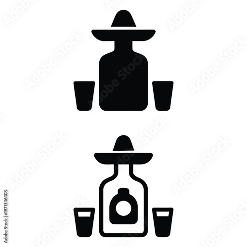 Mexican Tequila Spirits and Party Icon Set with Sombrero and Glass Graphics
