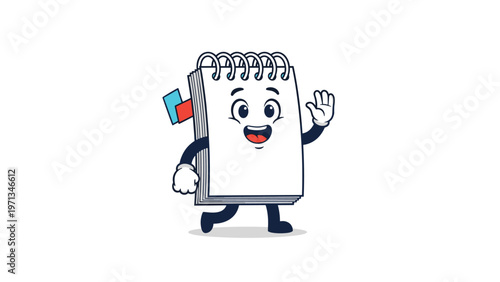 Retro style cartoon illustration of a pepperoni pizza slice character with big eyes walking and pointing upwards with a gloved hand.