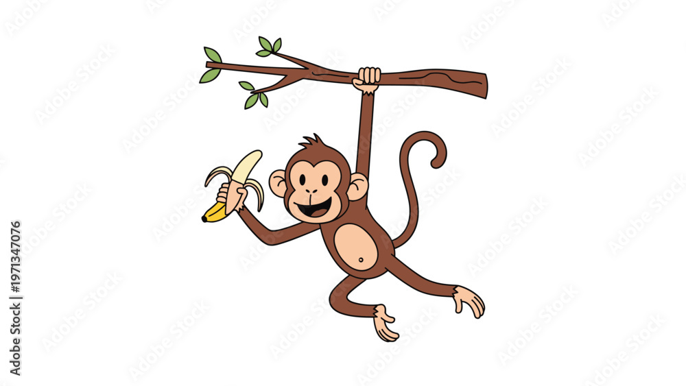Fototapeta premium Playful monkey swinging from a tree branch while holding a peeled banana, cute wild animal illustration for children education.