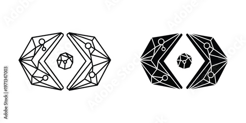 Geometric duality of two complex polyhedral structures with central octahedron and hexagonal symmetry