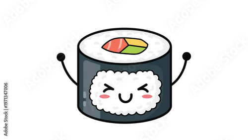 Adorable sushi maki character with happy face and tiny arms on white background, cute japanese food illustration for children.