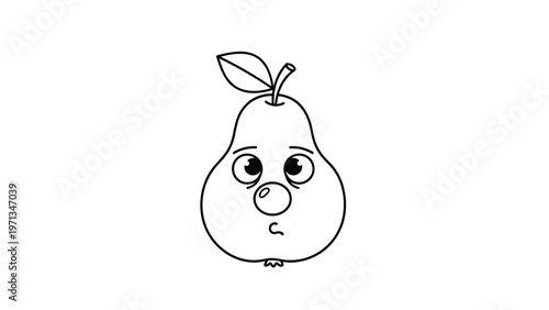 Cute pear character with sad face and big eyes line art for coloring book, simple fruit drawing for kids activities at home.
