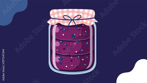 Jar of delicious blueberry jam with checkered cloth lid on dark blue background, sweet homemade preserve illustration for food blog.