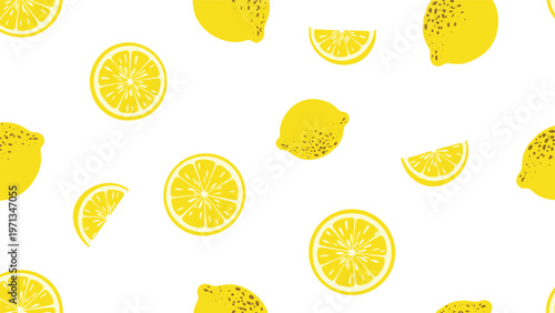 Vibrant seamless pattern with whole lemons and citrus slices on white background, fresh summer fruit background for kitchen decor.