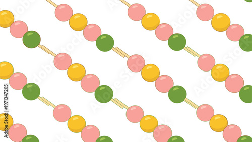 Seamless pattern with japanese dango sticks in pink yellow and green colors, traditional sweet snack background for food packaging.