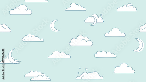 Dreamy seamless pattern with white clouds moon and stars on light teal background, peaceful night sky theme for nursery decor.