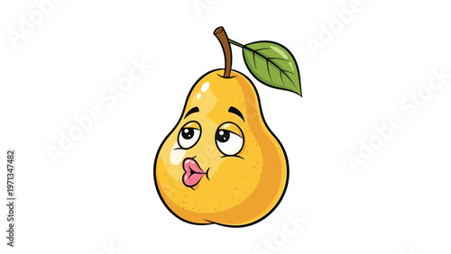 Funny yellow pear character with a whistling face and large expressive eyes, cute fruit illustration for kids educational books.