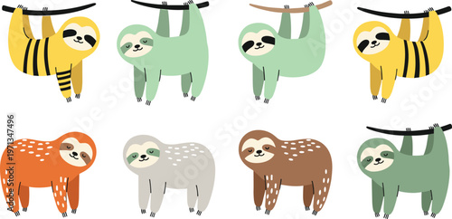 Cute Sloth Vector Set Illustrations Featuring Multiple Poses Hanging and Standing in Different Colors for Jungle, Forest, Wildlife, Children’s Books, and Cartoon Designs
