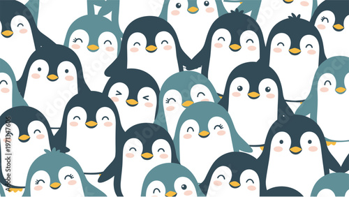Large group of cute penguin characters standing together in a crowded scene, adorable arctic animal background for children.