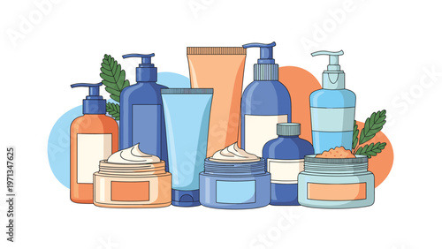 Collection of various cosmetic bottles tubes and jars in blue and orange colors, beauty care products illustration for blog.