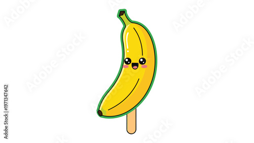 Happy yellow banana popsicle character with a cute face on a wooden stick, sweet summer treat illustration for kids menu.