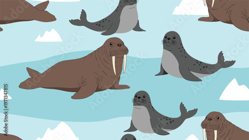 Seamless pattern featuring cute cartoon walruses and seals resting on white icebergs in a calm blue arctic sea environment for kids.