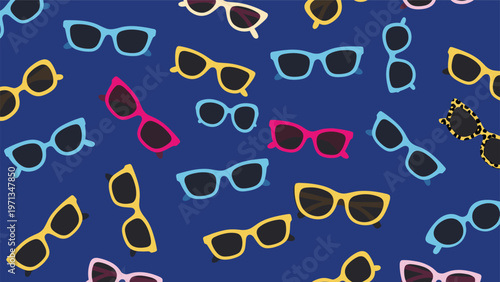 Fun and colorful seamless pattern of various trendy sunglasses in different styles and colors on a dark blue background for summer.