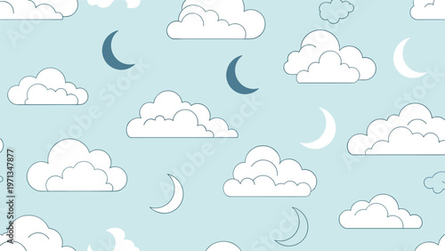 Peaceful seamless pattern of fluffy white clouds and blue crescent moons in a soft light blue sky for a calming nursery atmosphere.