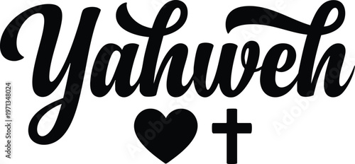 Handwritten script lettering yahweh with heart and cross icons black and white