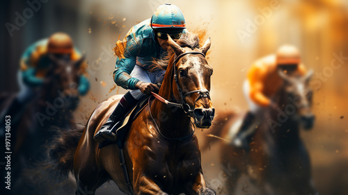  Racehorses and their jockeys leap to the ground after