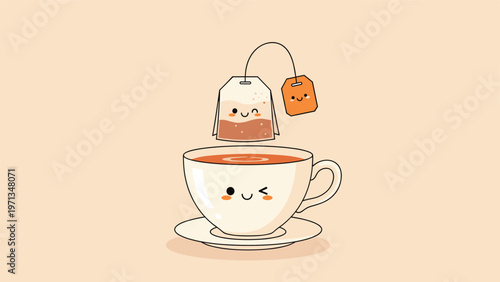 Adorable cartoon illustration of a happy tea bag with a face being dipped into a smiling teacup for a cozy and cute tea time theme.