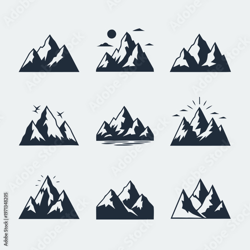 Collection of nine different mountain peak silhouettes, showcasing diverse rugged landscapes and adventurous outdoor scenery