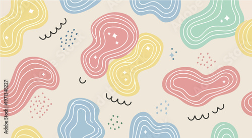 Vibrant abstract shapes fill the entire colorful background with wavy lines