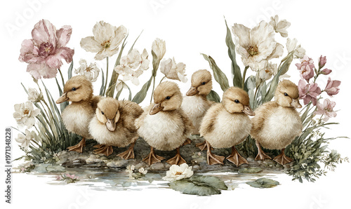 Adorable patitos de acuarela se agrupan entre delicadas flores de primavera y vegetación, evocando la frescura de la naturaleza.