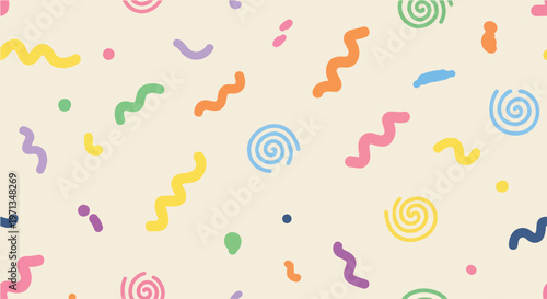 A colorful pattern of swirling shapes and dots on a beige background