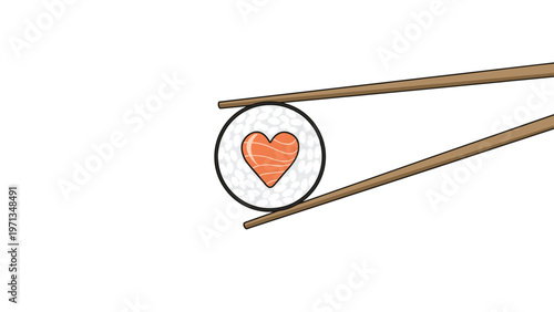 Minimalist illustration of a single maki sushi roll with a heart shaped salmon center being held by wooden chopsticks on white.