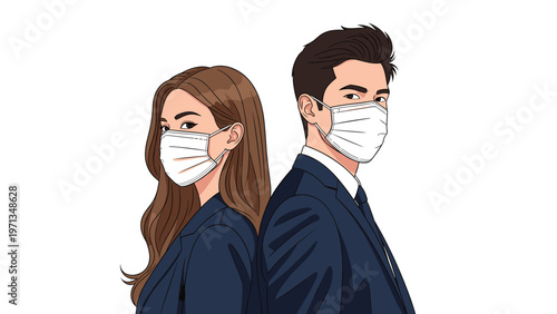Professional man and woman in business suits stand back to back wearing medical face masks for pandemic safety.